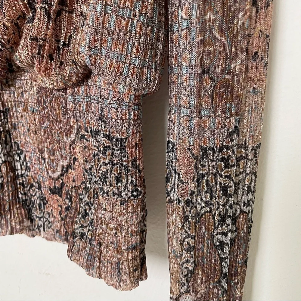 JOIE Semi Sheer Sheer Metallic Long-Sleeve Blouse Smocked Waist Ruffle Neck S - Picture 6 of 15